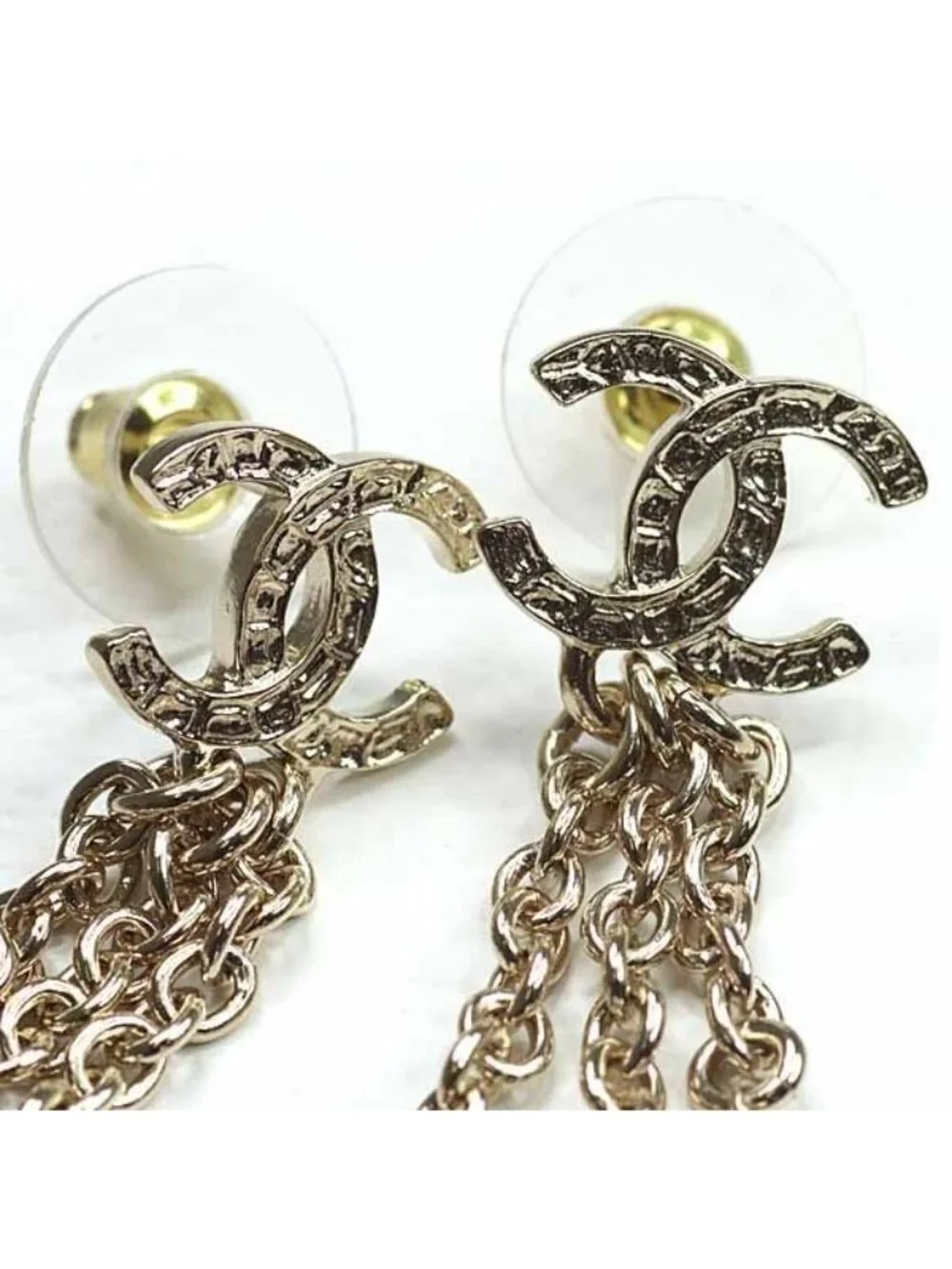 Chanel Pearl Chain Coco Mark Earrings Metal Rai White Gold B25 A